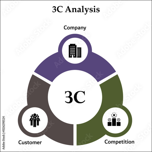 3C Analysis - Company, Customer, competition. Infographic template with icons and description placeholder