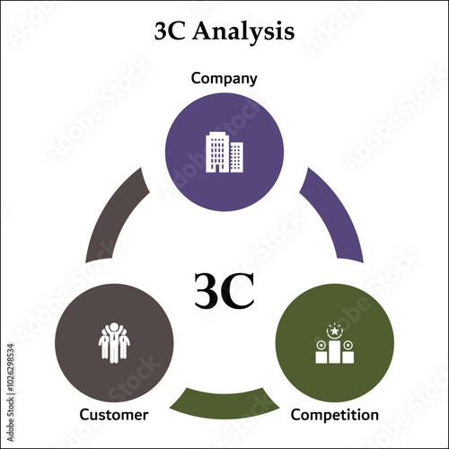 3C Analysis - Company, Customer, competition. Infographic template with icons and description placeholder