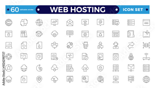 Web Hosting outline web icons set. Web hosting, server, CDN, VPN, domain, FTP, internet, backup, SSL, database and firewall. Editable stroke outline icon.
