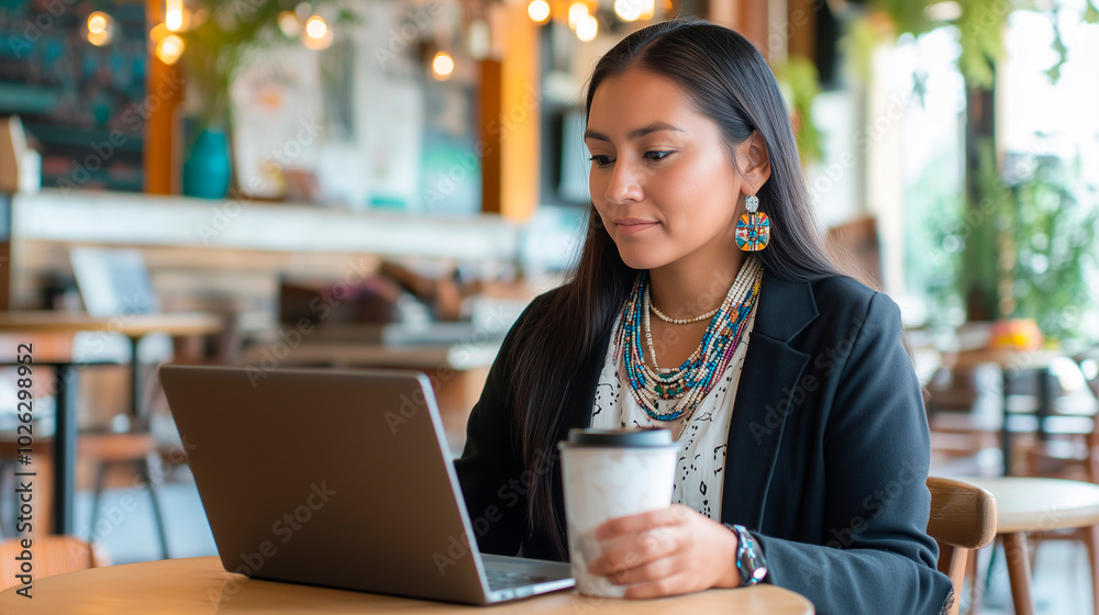 A casual shot of a Native American woman sipping coffee at a café while working on her laptop. She is dressed in a mix of business casual and traditional jewelry, creating a balanc A casual shot of a Native American woman sipping coffee at a café while working on her laptop. She is dressed in a mix of business casual and traditional jewelry, creating a balanc