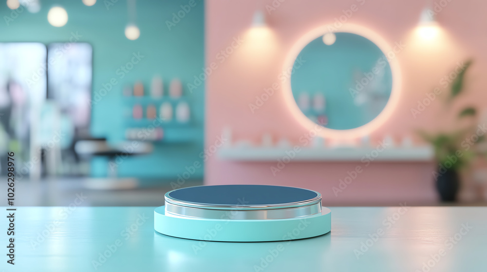 Modern beauty salon interior with turquoise and pink decor, featuring a circular mirror and soft lighting, creating a relaxed atmosphere. Modern beauty salon interior with turquoise and pink decor, featuring a circular mirror and soft lighting, creating a relaxed atmosphere.