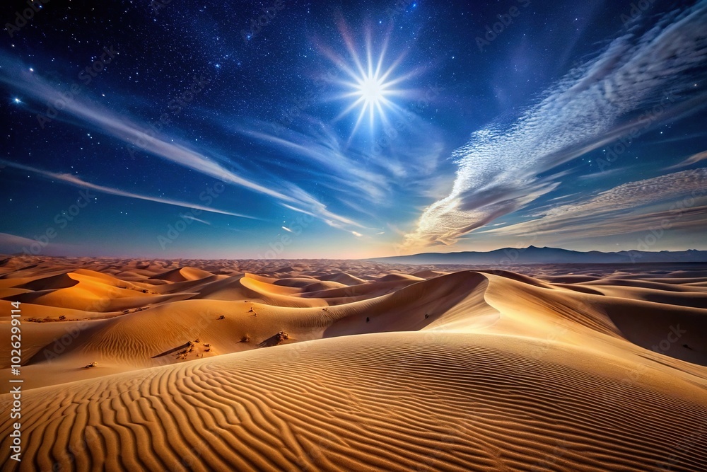 Naklejka premium Moonlit desert landscape with towering sand dunes under star-filled sky