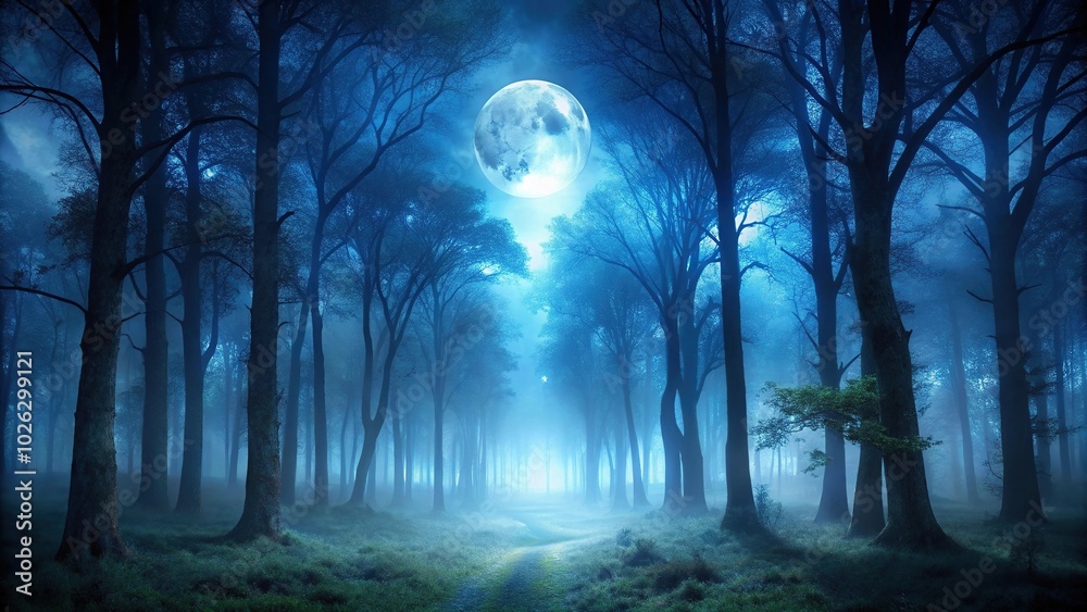 Moonlight and spooky blue mist in a dark creepy forest at a tilted angle Moonlight and spooky blue mist in a dark creepy forest at a tilted angle