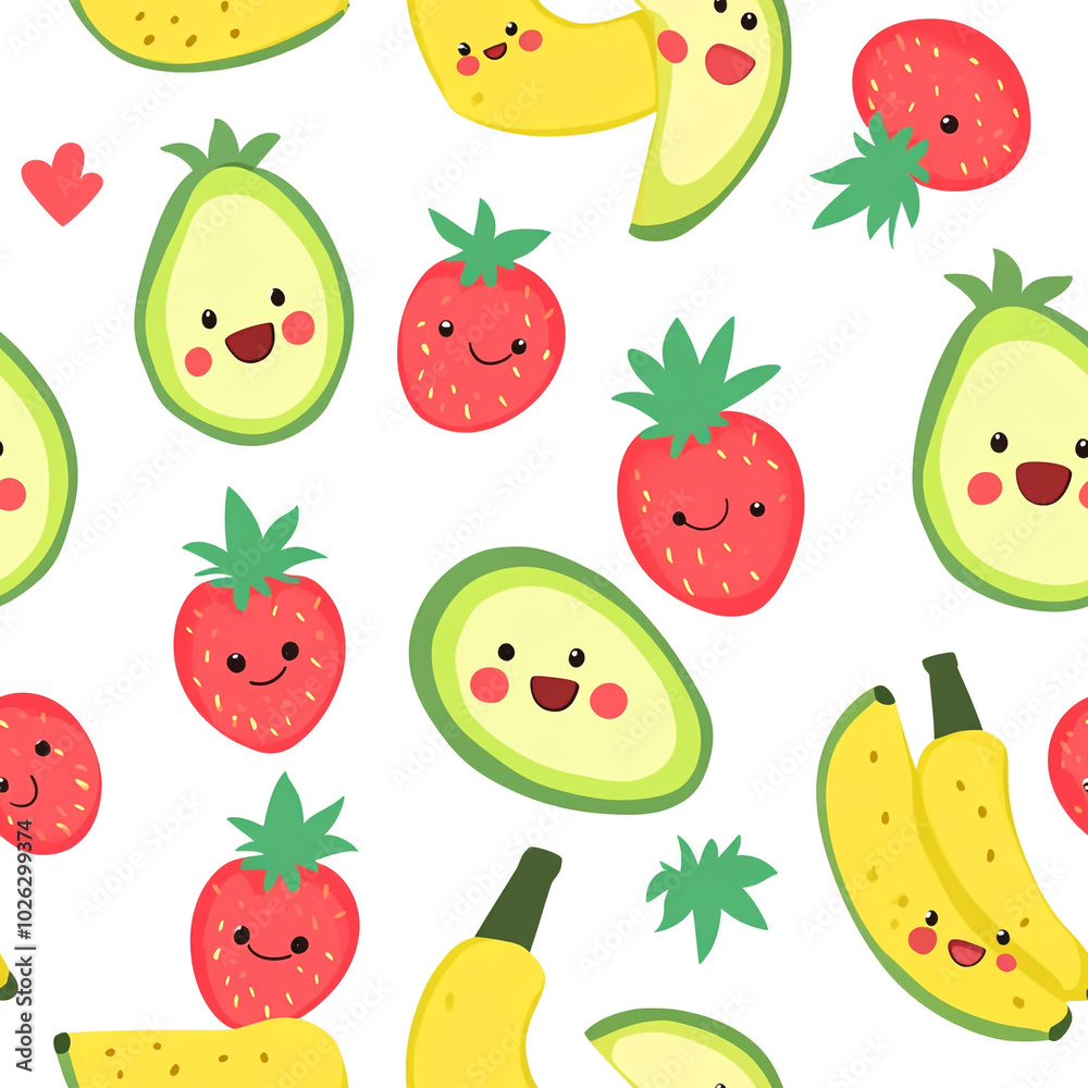 A cute cartoon pattern of watermelons, pineapples, and bananas with smiling faces, set against a white background. A cute cartoon pattern of watermelons, pineapples, and bananas with smiling faces, set against a white background.