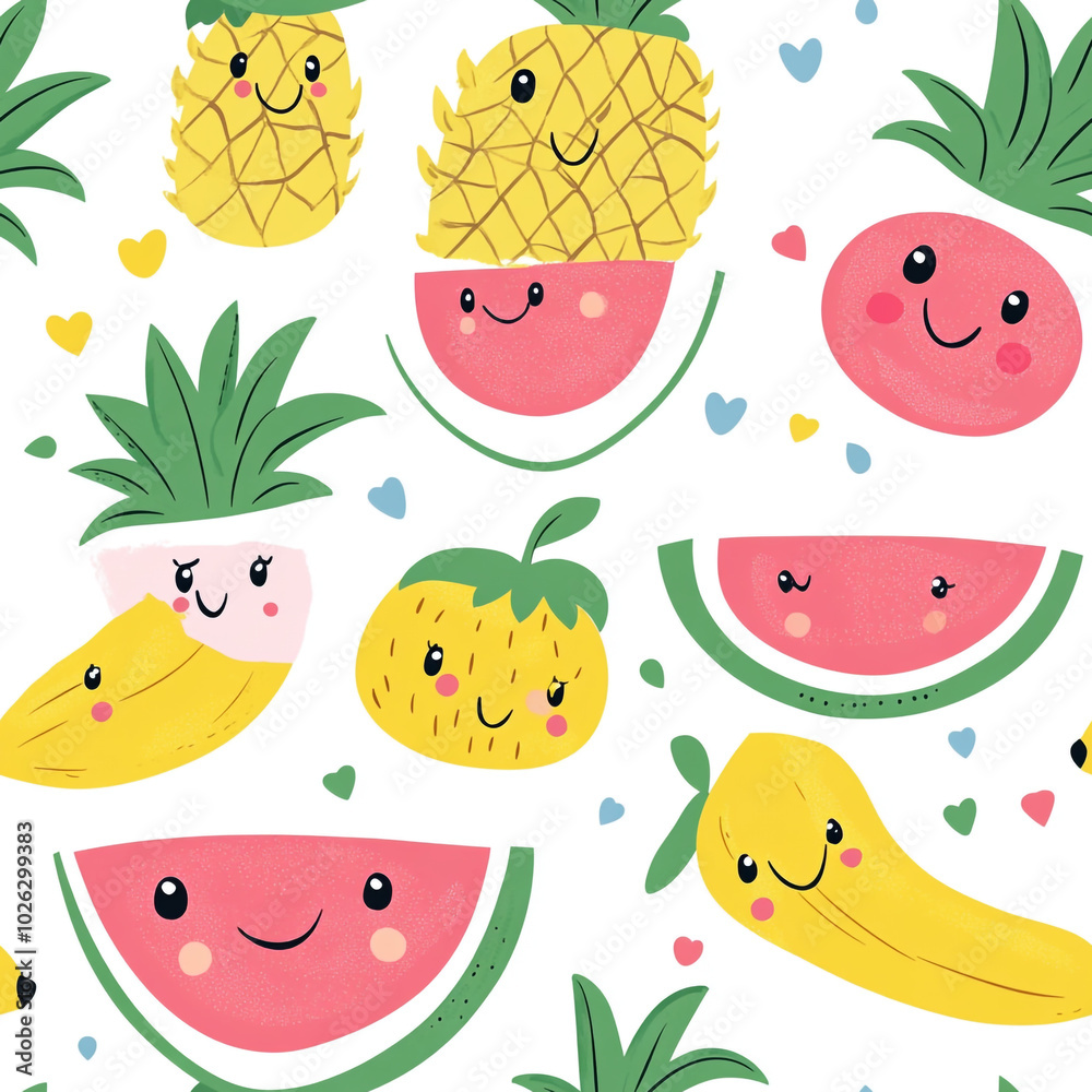 A cute cartoon pattern of watermelons, pineapples, and bananas with smiling faces, set against a white background. A cute cartoon pattern of watermelons, pineapples, and bananas with smiling faces, set against a white background.