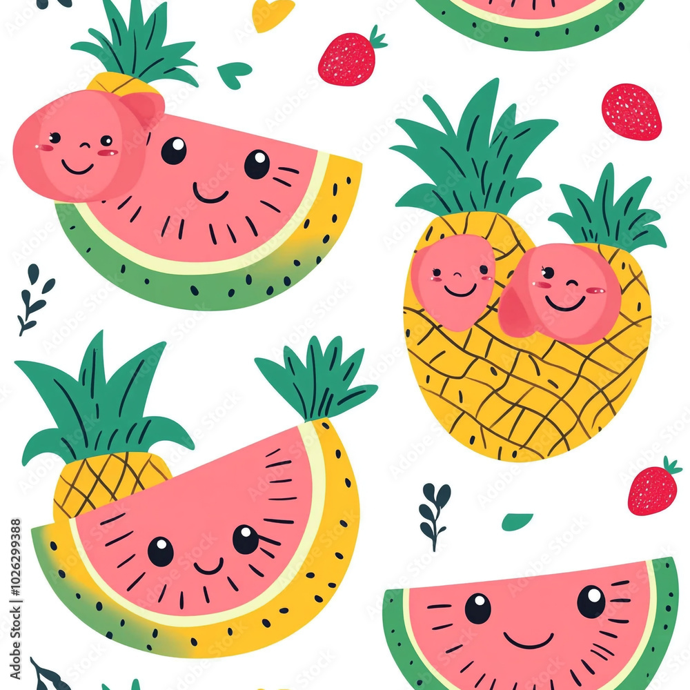 A cute cartoon pattern of watermelons, pineapples, and bananas with smiling faces, set against a white background. A cute cartoon pattern of watermelons, pineapples, and bananas with smiling faces, set against a white background.