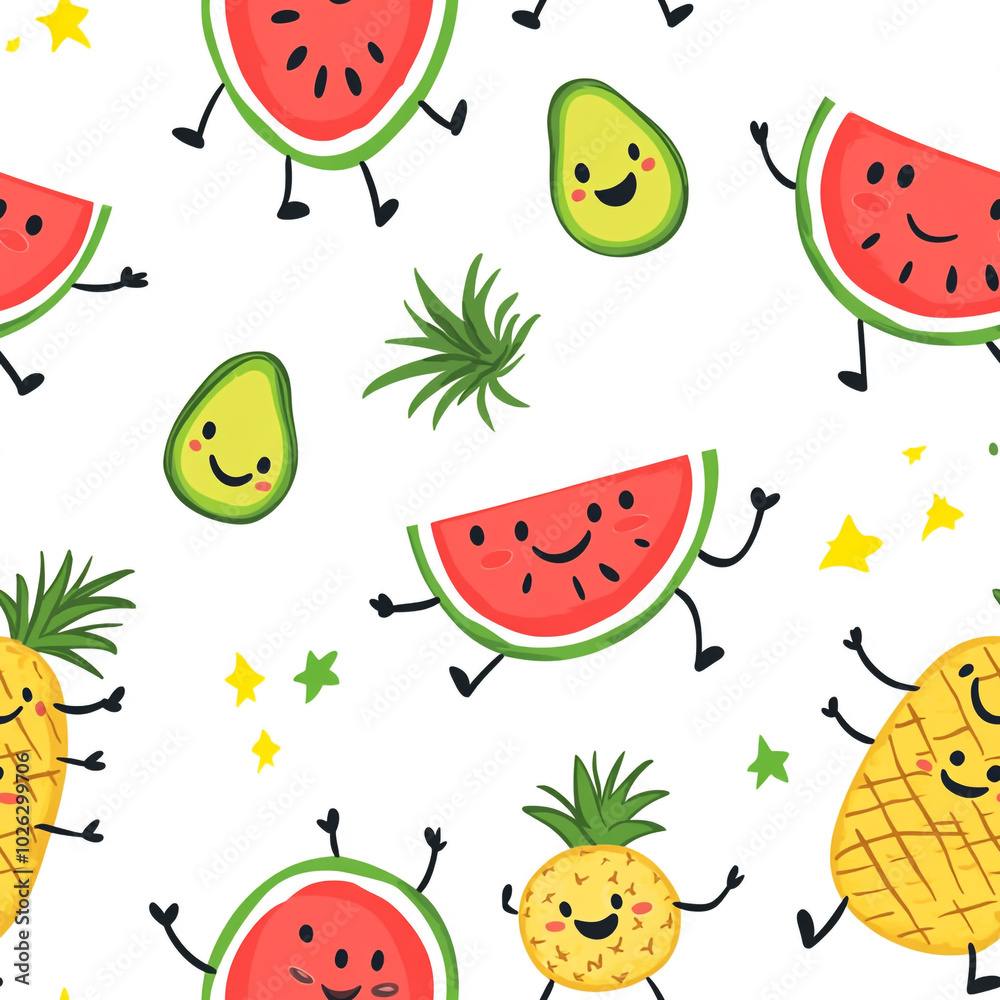 A cute cartoon pattern of watermelons, pineapples, and bananas with smiling faces, set against a white background. A cute cartoon pattern of watermelons, pineapples, and bananas with smiling faces, set against a white background.