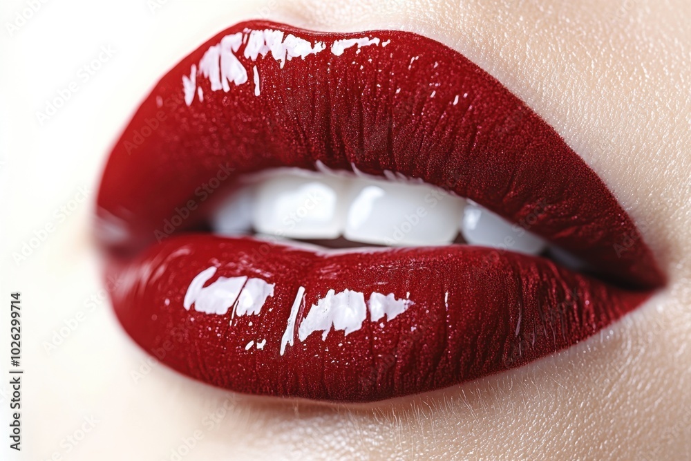 Obraz premium A close-up of full, red lips with a glossy finish, isolated on white background