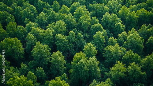 stunning aerial view showcases a vibrant forest, where lush green trees create a natural tapestry. This serene landscape symbolizes growth, tranquility, and the interconnectedness of nature