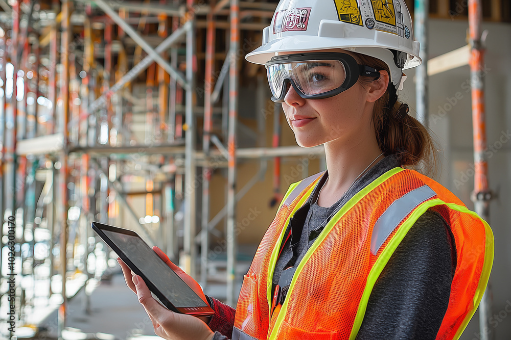 Female construction worker wearing a hard hat and safety gear while using a tablet at a bustling construction site during daytime Female construction worker wearing a hard hat and safety gear while using a tablet at a bustling construction site during daytime