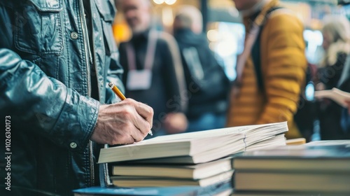 Conceptual image of an author signing copies of their biography at a book launch event, capturing literary achievement