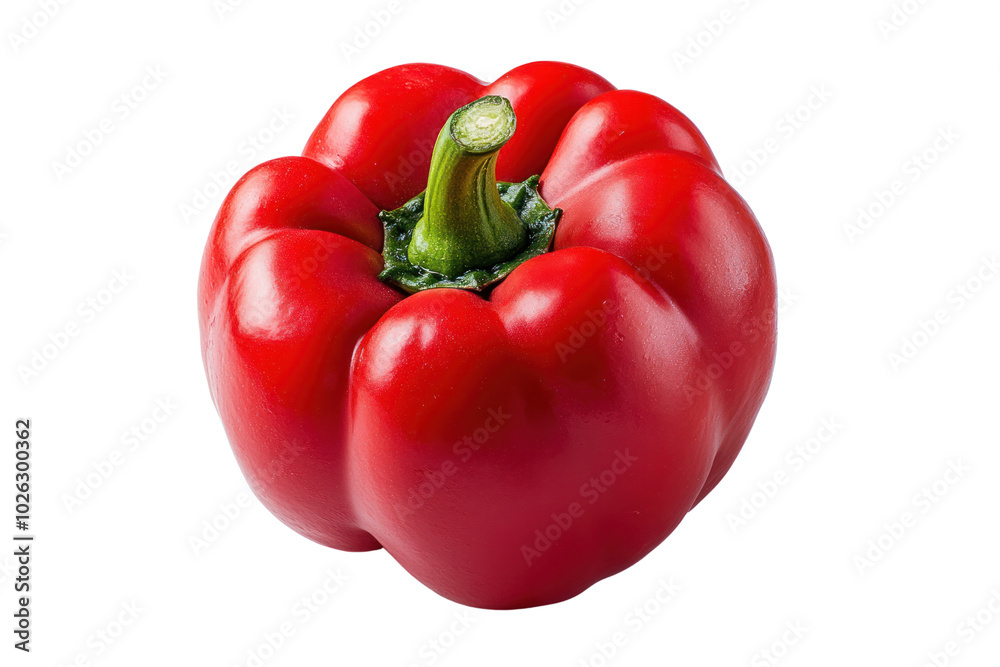 Fresh, vibrant red bell pepper with a glossy skin, showcasing its smooth texture and crisp edges, placed at an angle to emphasize its three-dimensional shape Fresh, vibrant red bell pepper with a glossy skin, showcasing its smooth texture and crisp edges, placed at an angle to emphasize its three-dimensional shape