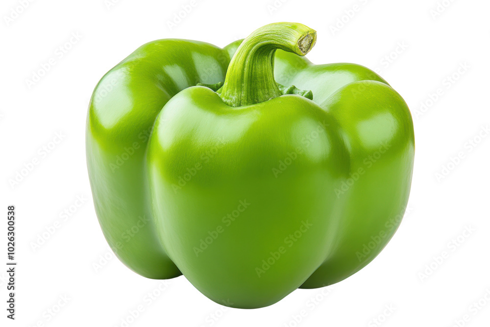 Bright green bell pepper featuring a slightly wrinkled surface, highlighting its natural curves and the stem, arranged in a way that captures the light Bright green bell pepper featuring a slightly wrinkled surface, highlighting its natural curves and the stem, arranged in a way that captures the light