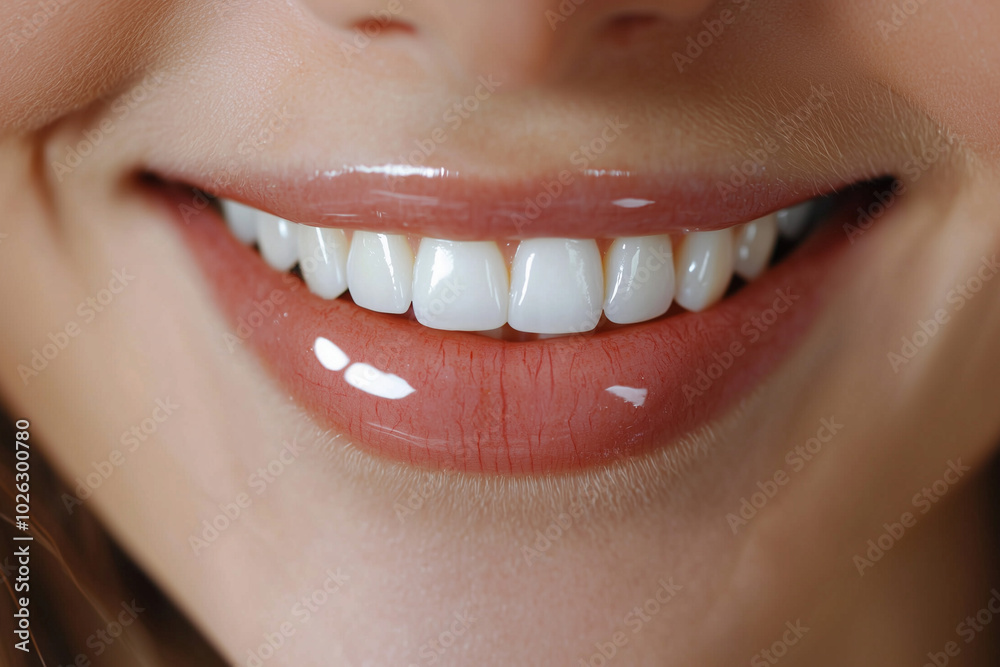 Fototapeta premium A close-up of a woman's joyful smile revealing her bright white teeth in a warm and inviting setting during a sunny day