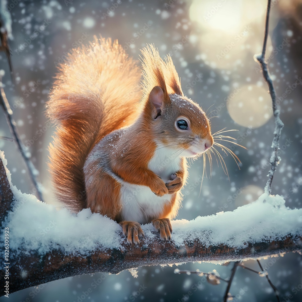 Red squirrel perched on a snowy branch during a gentle snowfall, capturing the essence of winter's charming serenity and natural beauty Red squirrel perched on a snowy branch during a gentle snowfall, capturing the essence of winter's charming serenity and natural beauty