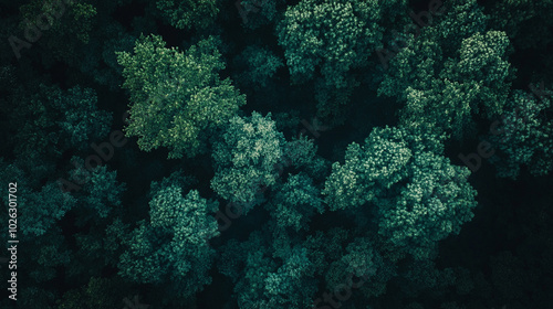 stunning aerial view showcases a vibrant forest, where lush green trees create a natural tapestry. This serene landscape symbolizes growth, tranquility, and the interconnectedness of nature