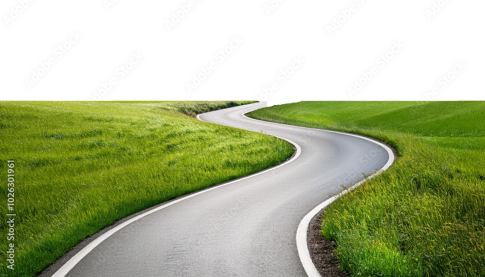 Winding asphalt path through green grass on transparent background Winding asphalt path through green grass on transparent background