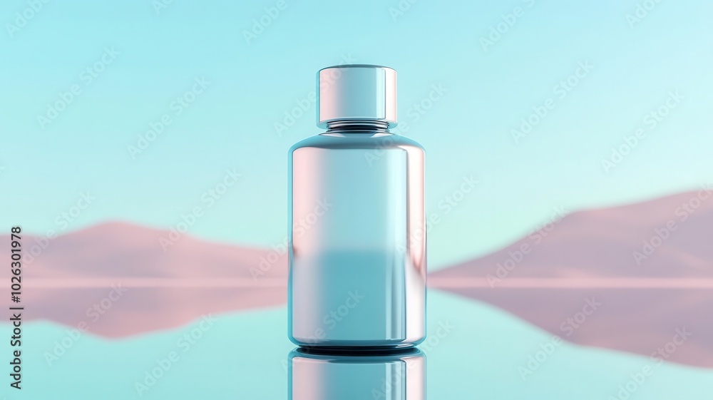 Cosmetic bottle in a futuristic, chrome metallic design, reflecting a scifi landscape, cosmetic bottle, futuristic luxury Cosmetic bottle in a futuristic, chrome metallic design, reflecting a scifi landscape, cosmetic bottle, futuristic luxury