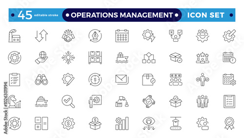 Operations management web icons in line style. Logistics, business process, maintenance, supply chain, improvement, planning,Audit, processing, operation  collection. Editable stroke outline icon.
