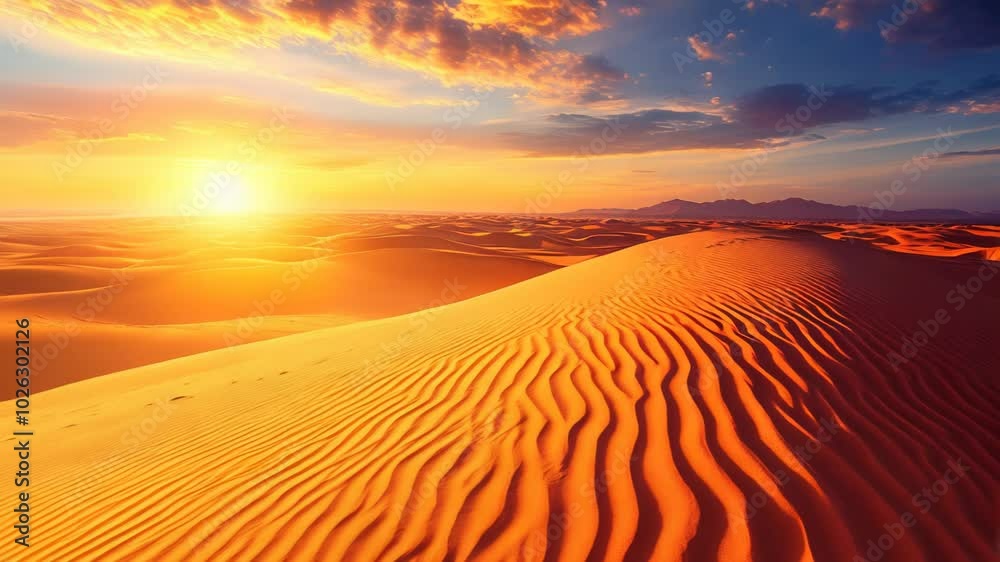 A stunning desert landscape at sunset, showcasing undulating sand dunes and vibrant colors. A stunning desert landscape at sunset, showcasing undulating sand dunes and vibrant colors.