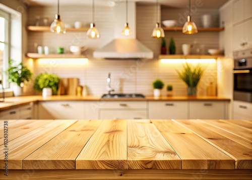 Empty Wooden Countertop for Product Presentation in Warm Beige Tones - Eco-Friendly Kitchen Mockup