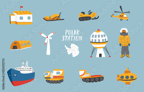 Polar station objects collection. Arctic or Antarctic expedition elements set. Vector illustration