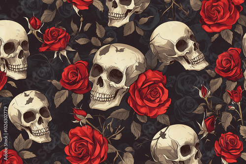Gothic seamless pattern featuring intricately designed skulls interspersed with vibrant red roses on a dark background