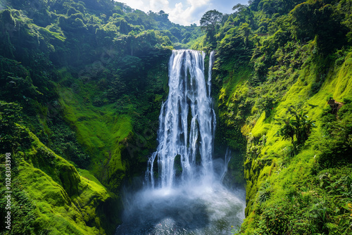 A breathtaking view of a mystical waterfall cascading down a lush green landscape, surrounded by vibrant foliage under a clear blue sky