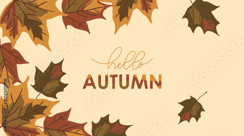 hello autumn background with hand drawn maple leaves and lettering, colorful vector illustration, template for banner, greeting cards, invitation, poster, autumn, leaf