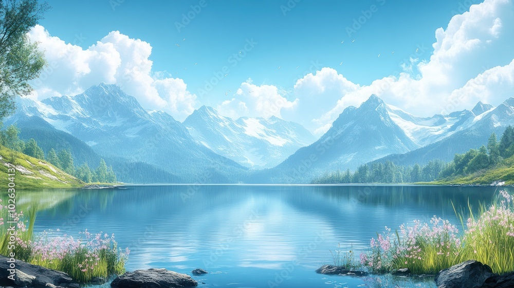 A serene mountain lake with snow-capped peaks, blue skies, and fluffy clouds in the background. The lake reflects the sky, creating a mirror effect. Green grass and flowers line the shore. A serene mountain lake with snow-capped peaks, blue skies, and fluffy clouds in the background. The lake reflects the sky, creating a mirror effect. Green grass and flowers line the shore.