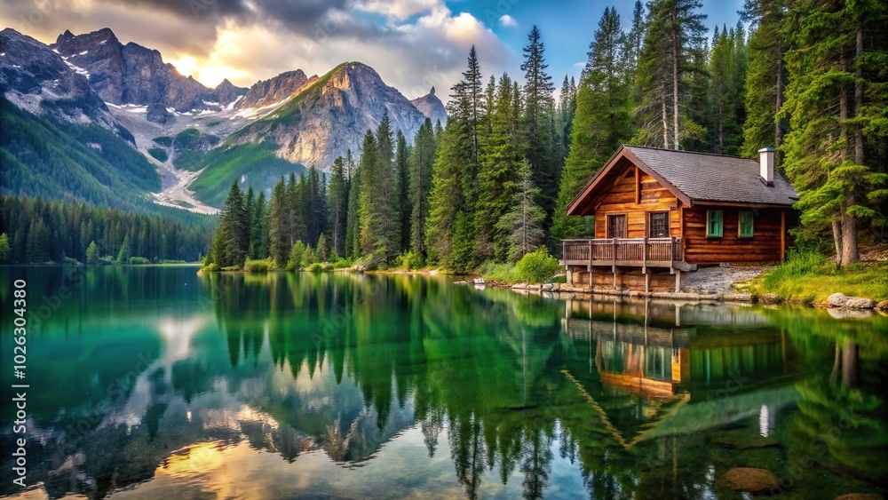 Obraz premium Mountain cabin by crystal clear lake reflecting