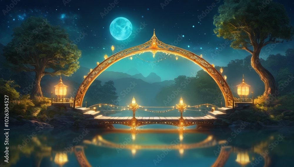 An elegant wooden bridge with delicate carvings, stretching across a sparkling stream, illuminated by soft moonlight, with fireflies dancing around, set in a magical forest An elegant wooden bridge with delicate carvings, stretching across a sparkling stream, illuminated by soft moonlight, with fireflies dancing around, set in a magical forest