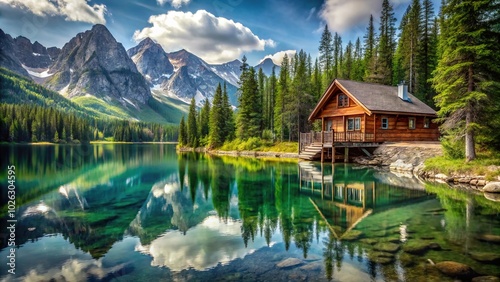 Mountain cabin reflecting on crystal clear lake