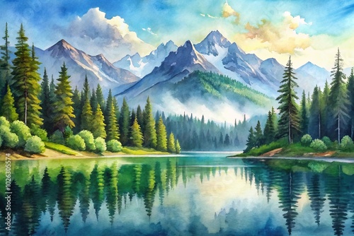 Mountain forest and lake landscape background in watercolor