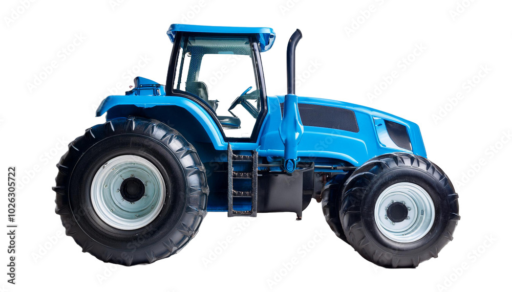 A bright blue toy tractor with large wheels against on transparent background A bright blue toy tractor with large wheels against on transparent background