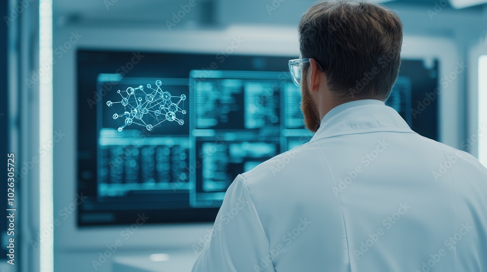 A scientist in a lab coat analyzes data on a digital screen, showcasing interconnected nodes and complex graphical representations. A scientist in a lab coat analyzes data on a digital screen, showcasing interconnected nodes and complex graphical representations.