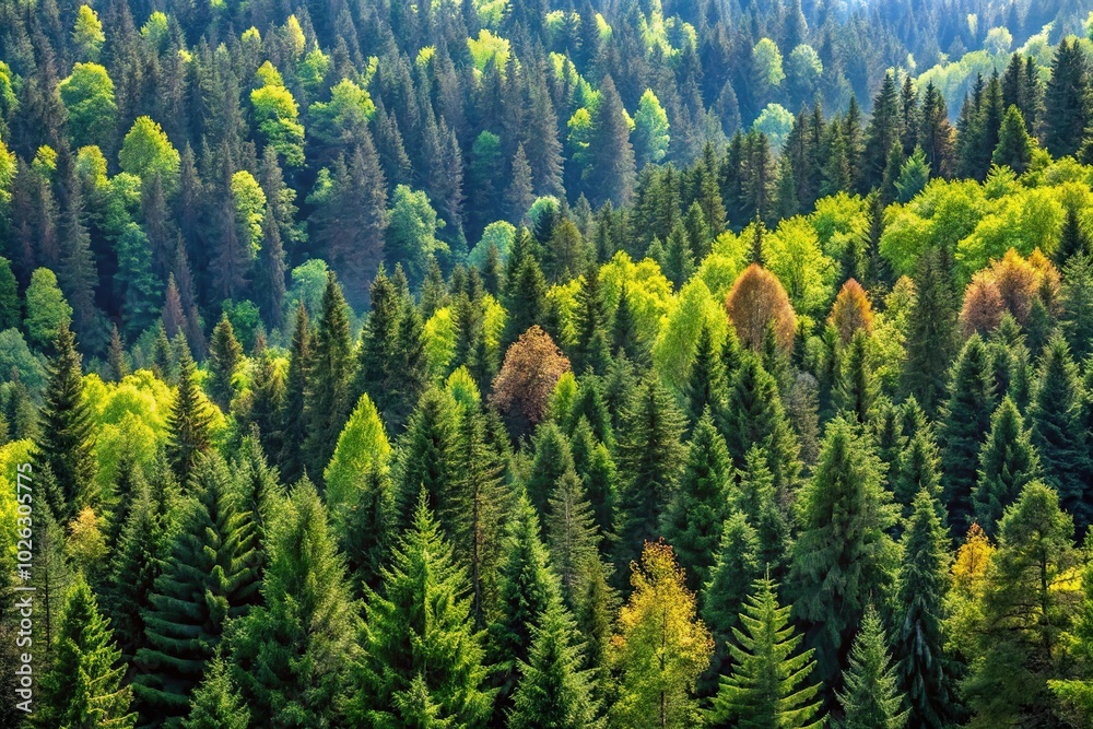 Mixed forest ecosystem with coniferous trees and broadleaved deciduous forest from low angle view Mixed forest ecosystem with coniferous trees and broadleaved deciduous forest from low angle view