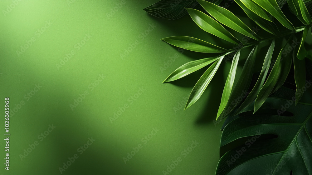 Fototapeta premium Green tropical leaves on a textured green background, featuring vibrant foliage and natural patterns, creating an organic and fresh atmosphere.
