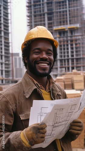 African american successful construction worker with a mischievous face, smiling, holding construction plans, at a busy construction site surrounded by unfinished skyscrapers, wearing safety helmet photo