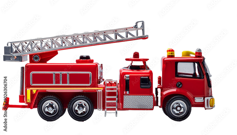A bright red toy fire truck with a working ladder against a white backdrop on transparent background A bright red toy fire truck with a working ladder against a white backdrop on transparent background