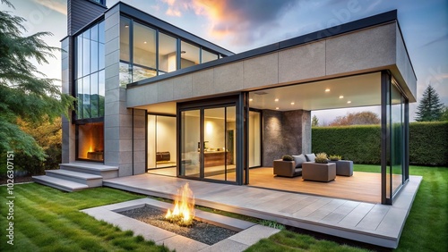 Modern house with glass front door and fireplace in yard