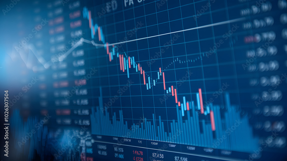 Close-up of digital screen showing downward-trending line graph, symbolizing rate cut in financial markets, economic adjustment concept. Close-up of digital screen showing downward-trending line graph, symbolizing rate cut in financial markets, economic adjustment concept.