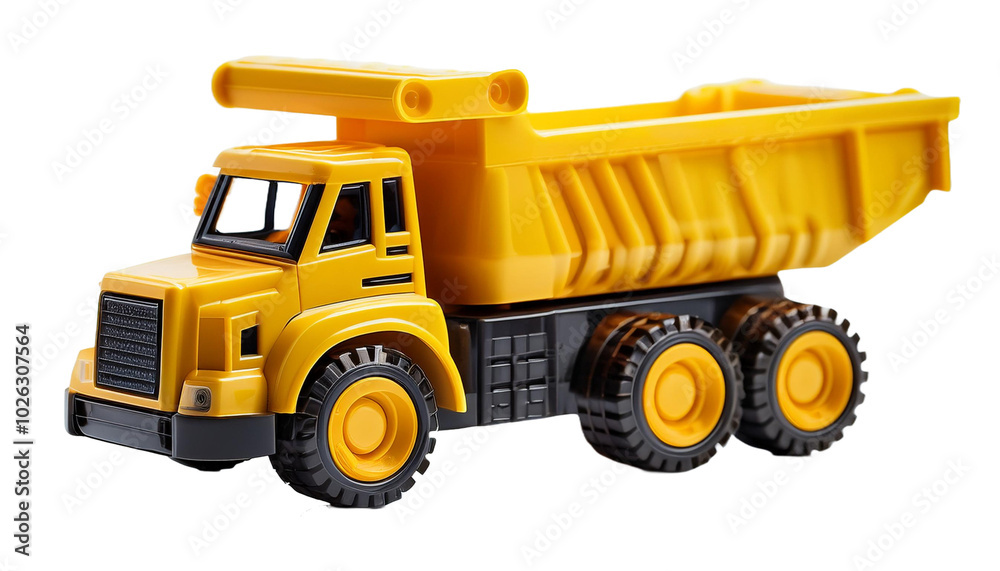 A bright yellow toy construction truck with movable parts on transparent background A bright yellow toy construction truck with movable parts on transparent background