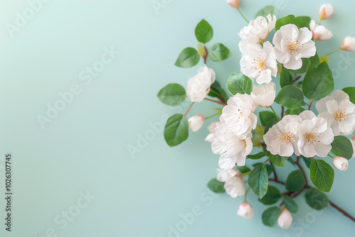 A stunning arrangement of pure white flowers and lush green leaves brings freshness and tranquility, contrasting beautifully against a serene blue backdrop. Perfect for springtime decor