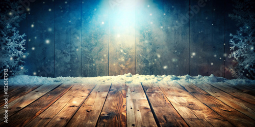 A wooden floor extends towards a background of snowy planks, illuminated by a soft, glowing light from above. Snowflakes gently fall, enhancing the serene, winter atmosphere.AI generated.