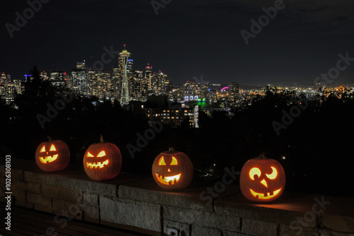 Seattle skyline from Kerry Park with Halloween jack o lanterns