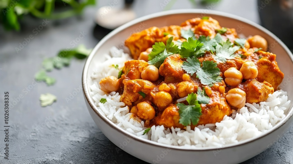 A bowl of chicken and chickpea curry served with white rice and garnished with fresh cilantro. A bowl of chicken and chickpea curry served with white rice and garnished with fresh cilantro.