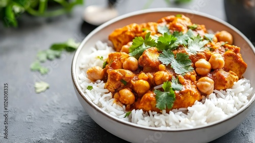 A bowl of chicken and chickpea curry served with white rice and garnished with fresh cilantro.