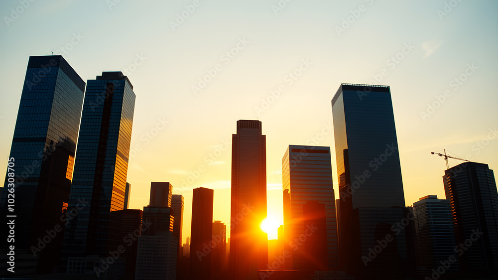Fototapeta premium Corporate Skyline featuring tall glass buildings at sunset