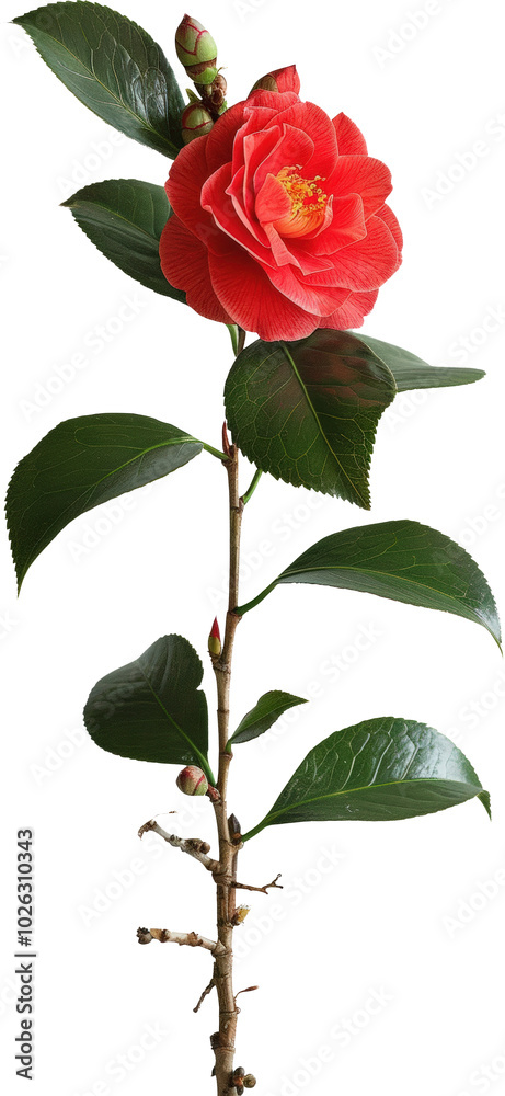 Single red camellia bloom Single red camellia bloom